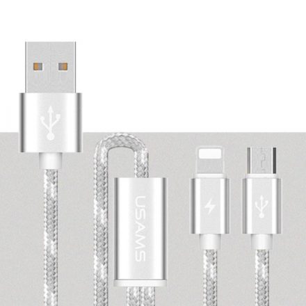 Töltő és adatkábel USB-Lightning/Micro-USB csatlakozóval 2.1A 1.2 méter Usams U-Knit 2in1 ezüst