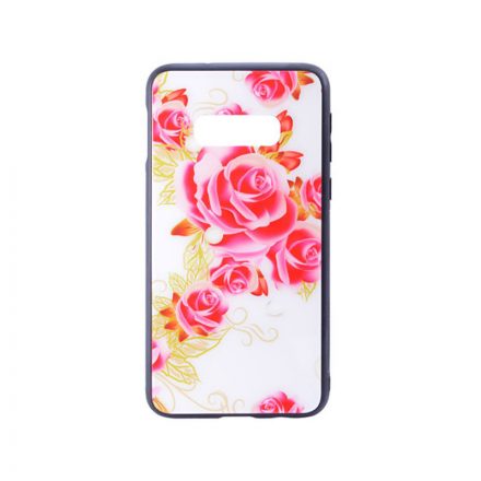 Üveges hátlappal rendelkezó telefontok nagy rózsa mintával fehér háttérrel Samsung Galaxy S10E G970F