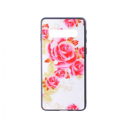 Üveges hátlappal rendelkezó telefontok nagy rózsa mintával fehér háttérrel Samsung Galaxy S10 Plus G975F