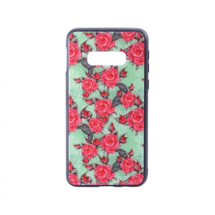 Üveges hátlappal rendelkezó telefontok rózsa mintával zöld háttérrel Samsung Galaxy S10E G970F