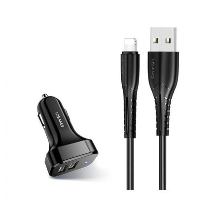 Dupla USB portos autós töltő 2.1A + 1M lightning kábel Usams NT King Tu fekete