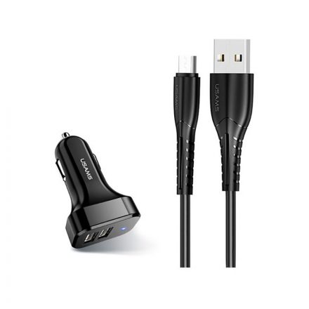 Dupla USB portos autós töltő 2.1A + 1M micro USB kábel fekete