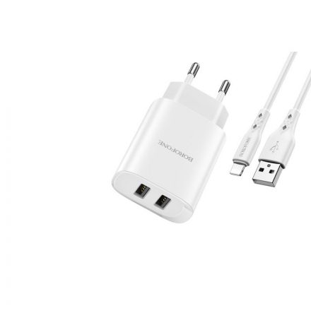 Dupla USB portos hálózati töltő 2.1A + Lightning Kábel 1 méter Borofone BN2 fehér