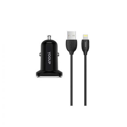 Dupla USB portos autóstöltő 2.4A + lightning kábel YooUp C01 Lasting fekete