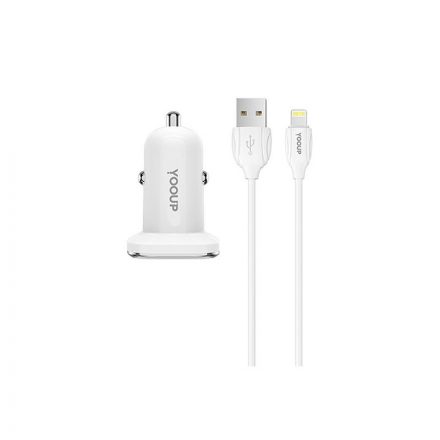 Dupla USB portos autóstöltő 2.4A + lightning kábel YooUp C01 Lasting fehér