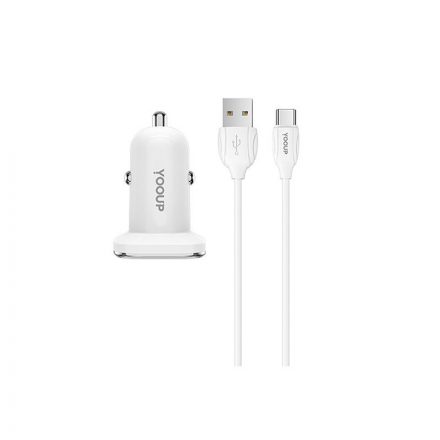 Dupla USB portos autóstöltő 2.4A + USB Type-C kábel YooUp C01 Lasting fehér