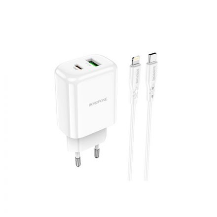 Type-C/USB Portos hálózati gyorstöltő (PD) 20W + Type-C/Lightning kábel 1 méter Borofone BN4 Potential fehér