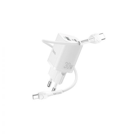 Type-C/USB Portos hálózati gyorstöltő (PD) 30W + Type-C/Type-C kábel 1 méter Hoco N13 Bright fehér