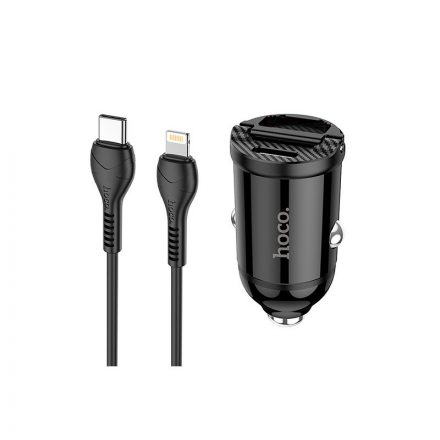 Dupla USB portos autós telefontöltő + lightning/Type-C kábel Hoco NZ2 Link PD 30W + QC3.0 fekete