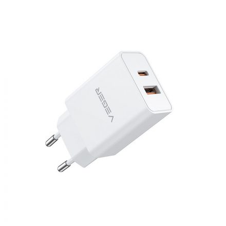 Dupla Portos USB/Type-C hálózati gyorstöltő PD 30W/QC3.0 Veger VLS302U fehér