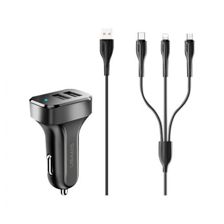 Dupla USB portos autós töltő 2.1A + 3in1 Type-C/lightning/micro USB kábel Usams Nt King Tu fekete