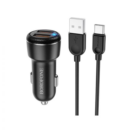 Dupla USB portos autós töltő QC3.0 18W + USB Type-C kábel Borofone BZ17 Core fekete