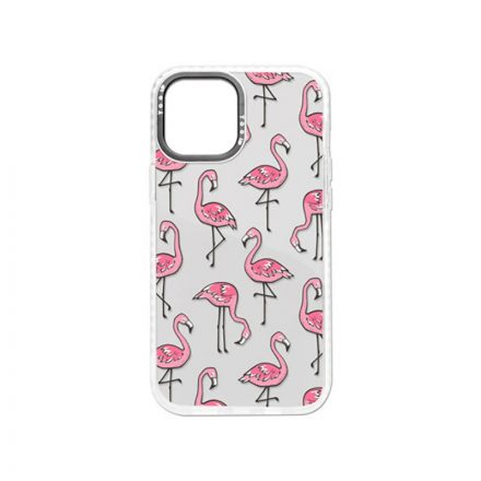 Mintás telefontok Flamingó iPhone 13 Pro Max átlátszó háttérrel fehér kerettel