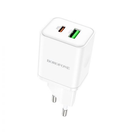 Type-C/USB portos hálózati gyorstöltő (PD) 20W+QC 3.0 Borofone BN7 fehér