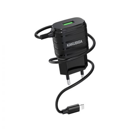 USB portos hálózati töltő 5V/2.4A + Lightning 1 méteres kábel Kakusiga KSC-363 fekete