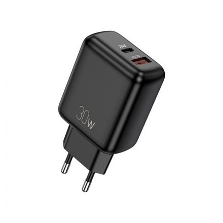 Dupla Portos USB/Type-C hálózati gyorstöltő PD 30W + QC 3.0 Kakusiga KSC-668 fekete