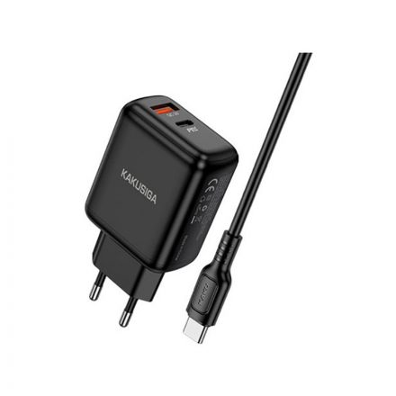 Dupla Portos USB/Type-C hálózati gyorstöltő PD 30W + QC 3.0 + Type-C/Type-C 1 méteres kábel Kakusiga KSC-670 fekete