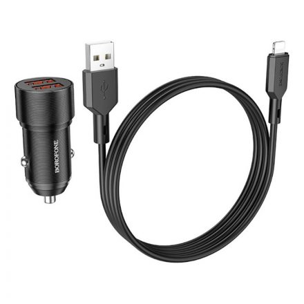 Dupla USB portos autóstöltő 2.4A + Lightning kábel 1 méteres Borofone BZ19 Wisdom fekete