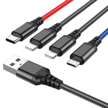 4in1 töltőkábel 1 méter USB-Lightning/Type-C/Type-C/Micro-USB kábel Hoco X76 fekete-piros-kék