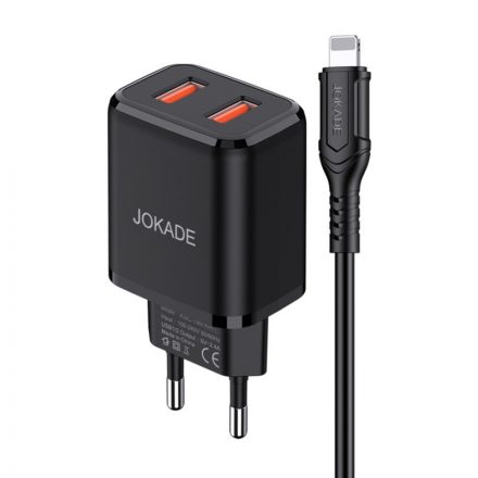 Dupla USB portos hálózati töltő 3A Jokade JB026 1 méteres Lightning kábellel fekete