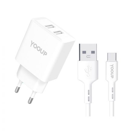 YooUp NC76-B + NB36-P9-1M Dupla hálózati töltő 12W USB Type-C kábellel fehér