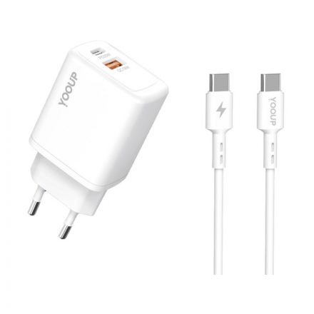 YooUp NC56-C + NB36-CC-1M dupla hálózati töltő (USB - Type-C) PD 20W Type-C - Type-C kábellel fehér