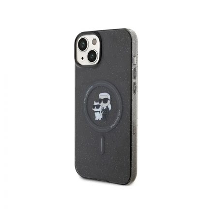 Karl Lagerfeld telefontok iPhone 15 Plus feliratos, csillogós, magsafe, Karl macskával, füst-átlátszó